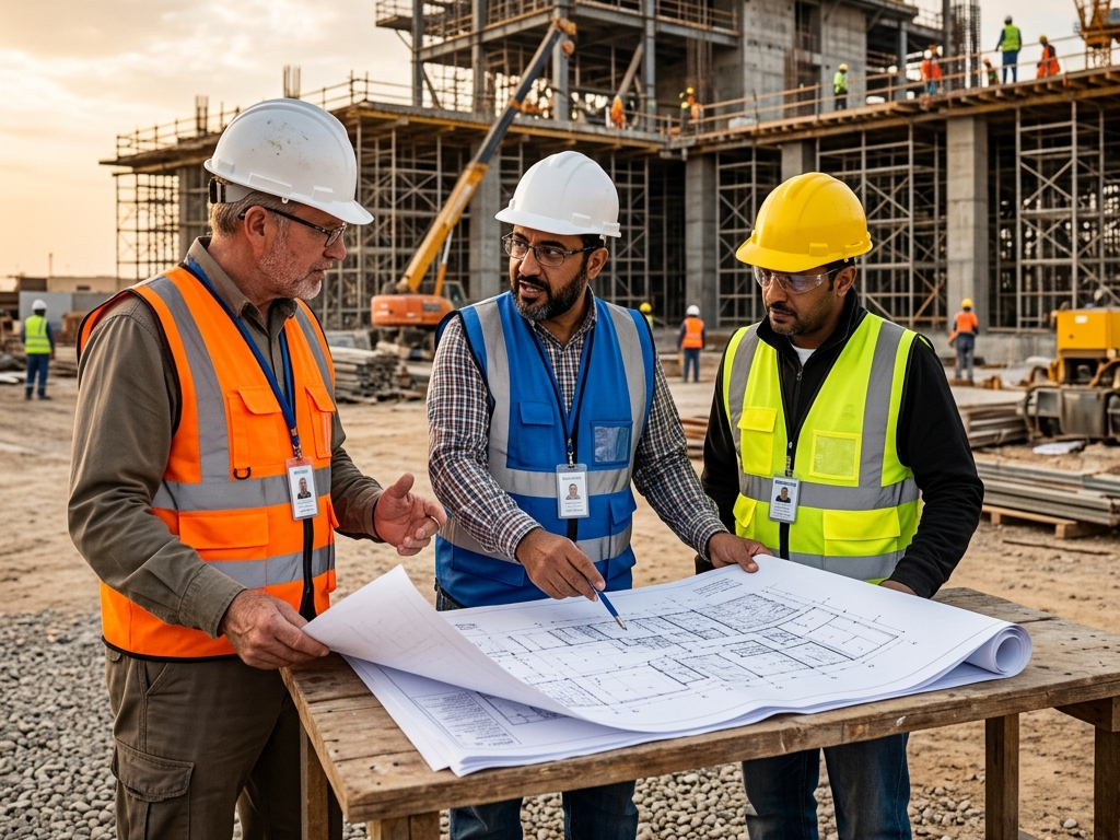Engineering professionals reviewing blueprints